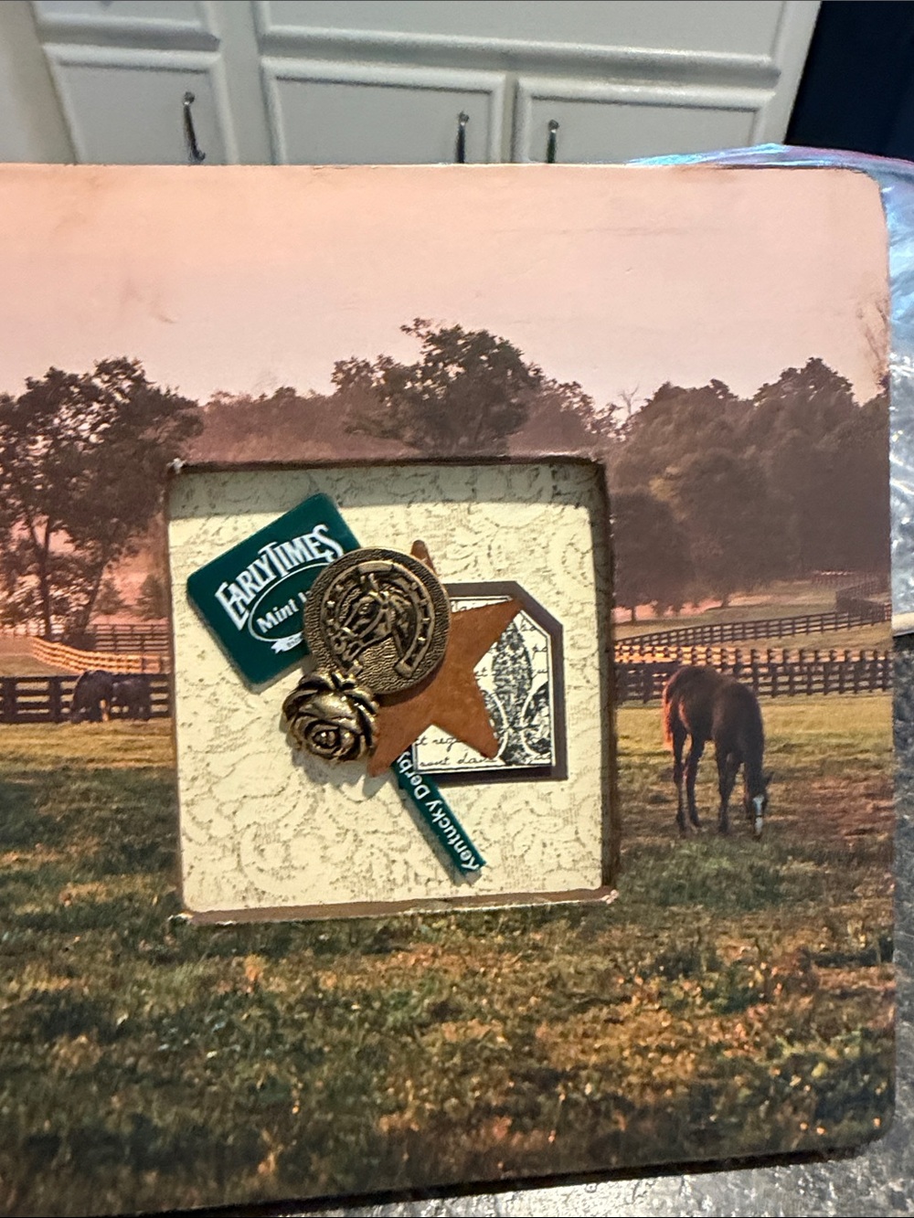 Rustic Kentucky Derby Horse Scene Framed Accent with Green and Brown Tones
